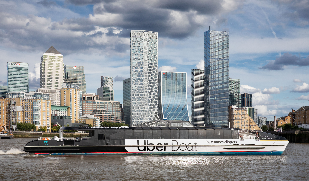 Uber Boat by Thames Clippers sailing past Canary Wharf